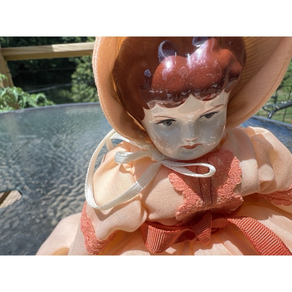 Vtg Kings 10" Doll China Head Hands & Feet Peach Dress And Bonnet